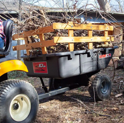 Brinly-Hardy 650 lb. 10 cu. ft. Tow-Behind Lawn Mower Trailer Dump Cart with Compression-Molded Bed for Lawn Tractors and ZTR Mowers