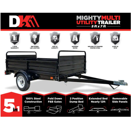 DK2 1639 lb. Payload Capacity 4.5 ft. x 7.5 ft. Utility Trailer Kit with Bed Tilt and Collapsing Ends to Extend Bed to 12 ft