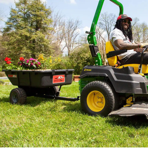 Brinly-Hardy 650 lb. 10 cu. ft. Tow-Behind Lawn Mower Trailer Dump Cart with Compression-Molded Bed for Lawn Tractors and ZTR Mowers