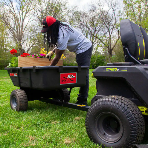 Brinly-Hardy 650 lb. 10 cu. ft. Tow-Behind Lawn Mower Trailer Dump Cart with Compression-Molded Bed for Lawn Tractors and ZTR Mowers